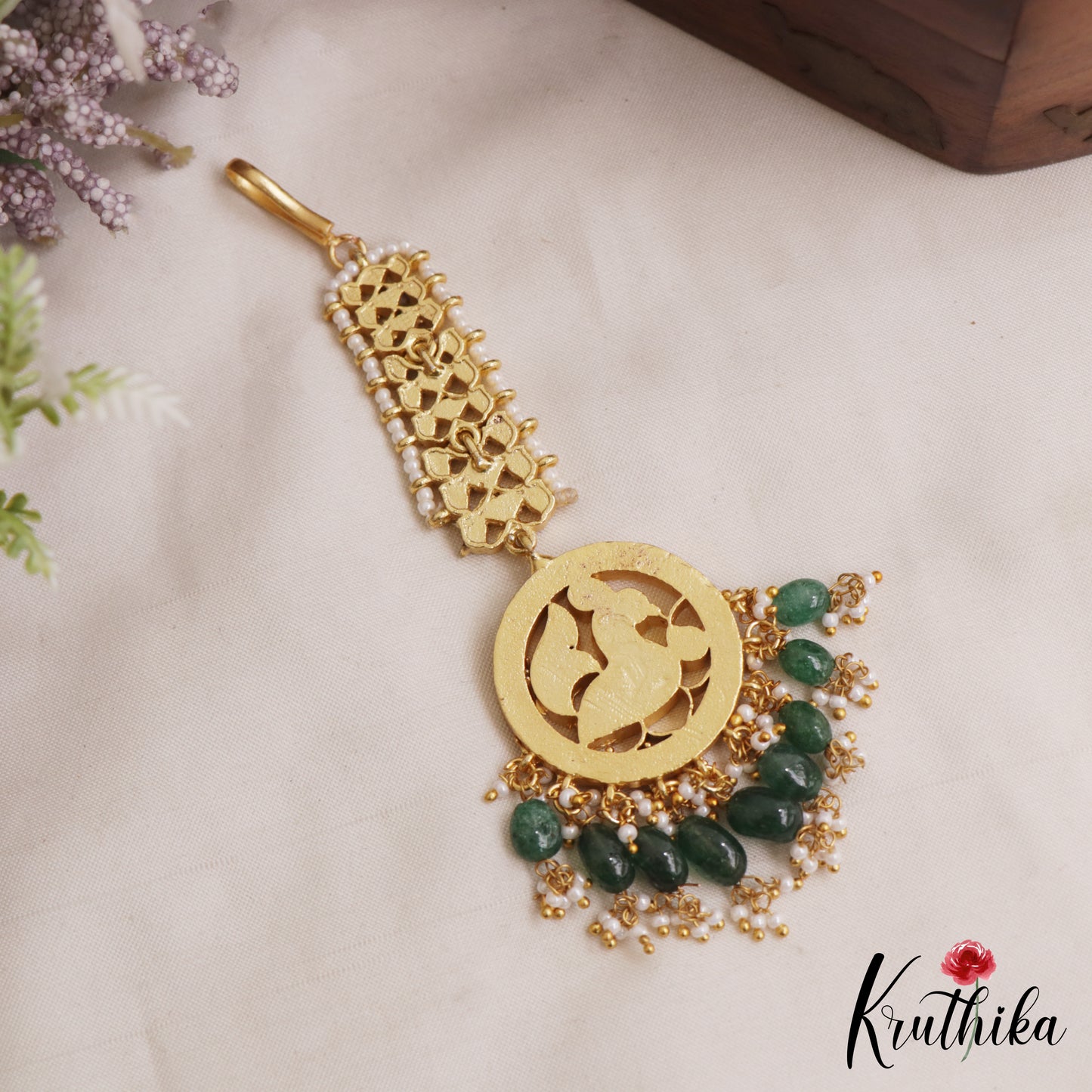 Stunning Peacock Motifs Jadau Maang Tikka With Green Bead Drops MT388