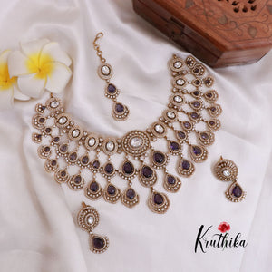 Grand AD/Victorian Necklace NC1821 with Pair of Earrings & Maang Tikka (Available in 6 Colours)