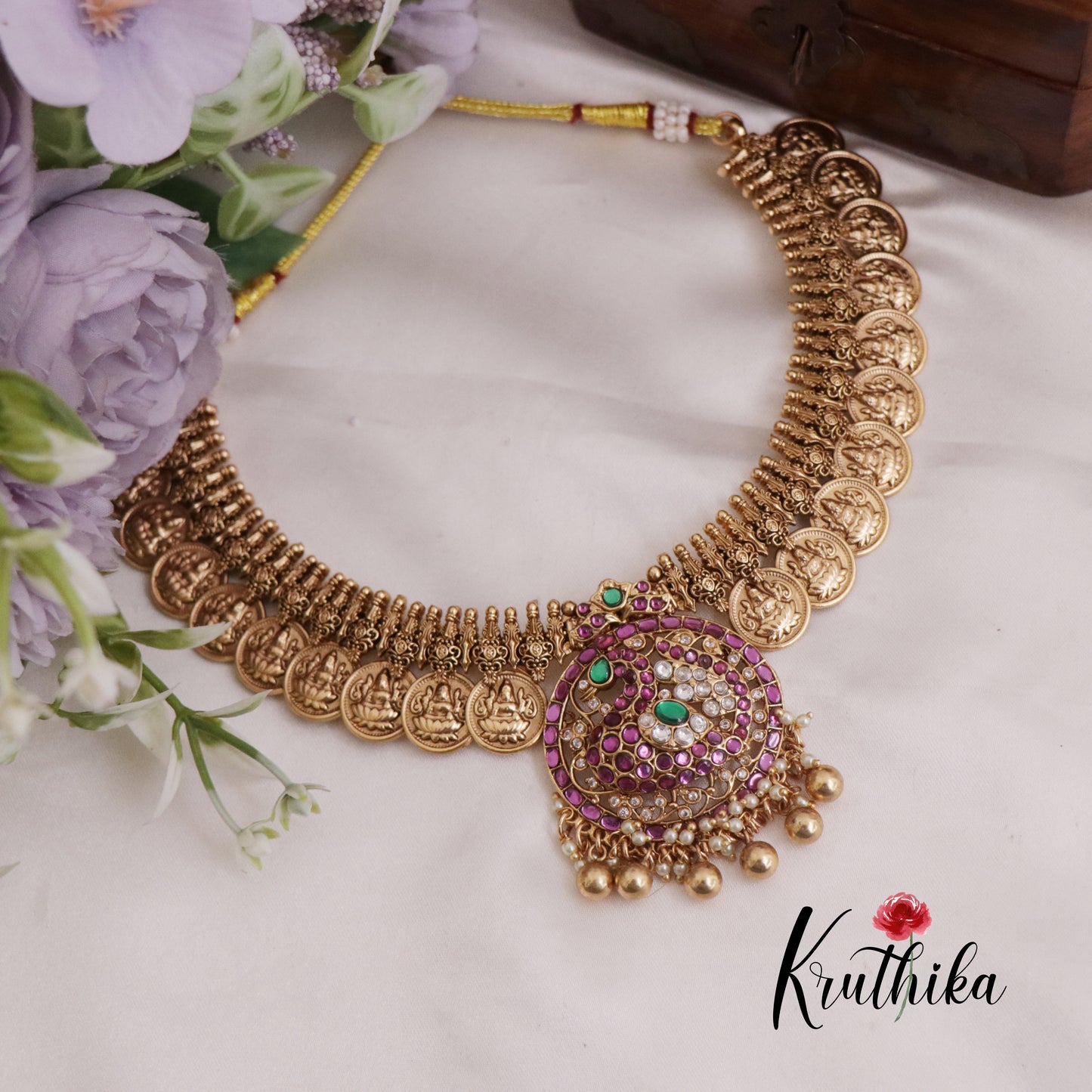 Beautiful Kasu Budget Friendly Jadau Necklace with Golden Beads Drops NC2384