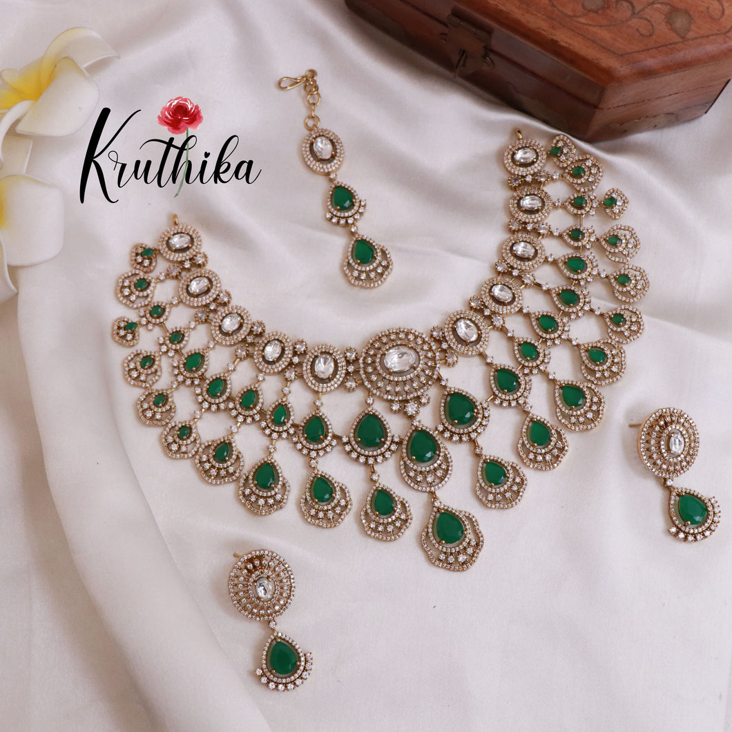 Grand AD/Victorian Necklace NC1821 with Pair of Earrings & Maang Tikka (Available in 6 Colours)