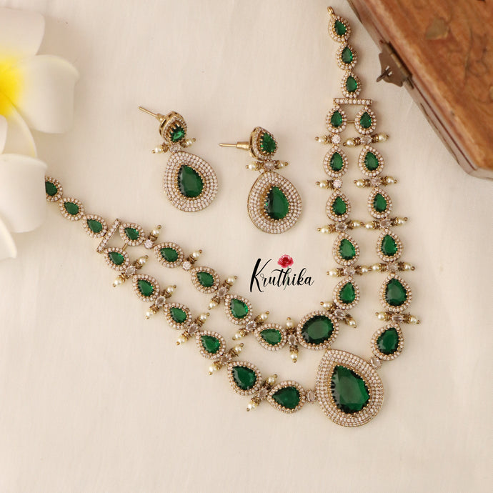 Beautiful Two Layer AD/Victorian Necklace-Green NC1247 (Available in Two Designs)