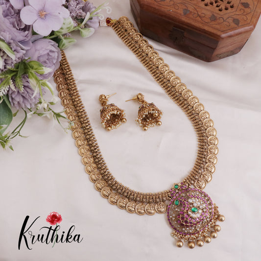 Beautiful Kasu Budget Friendly Jadau Haaram with Golden Beads Drops LH1987