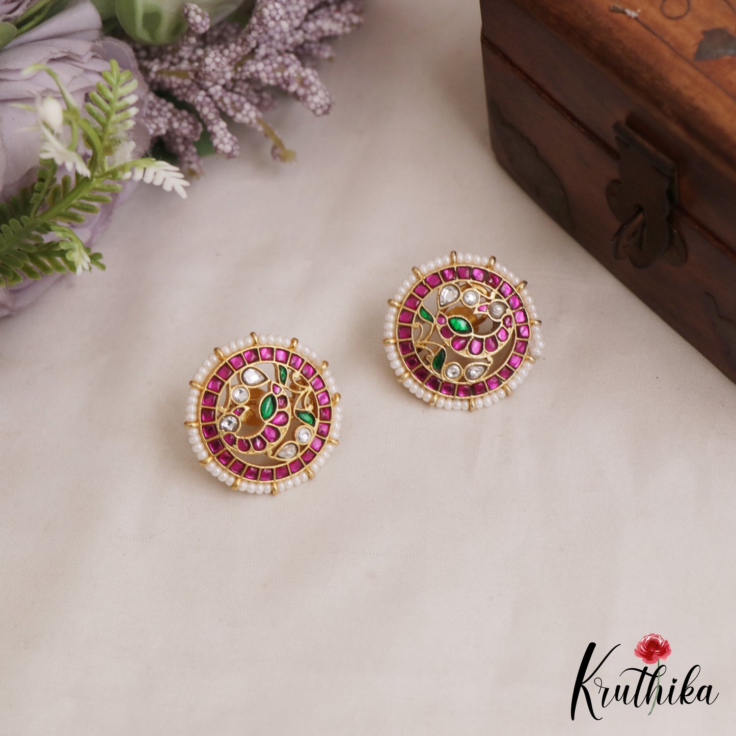 Classic Pearl Border Peacock Motifs Jadau Stud Earrings E1159