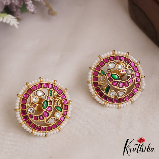 Classic Pearl Border Peacock Motifs Jadau Stud Earrings E1159