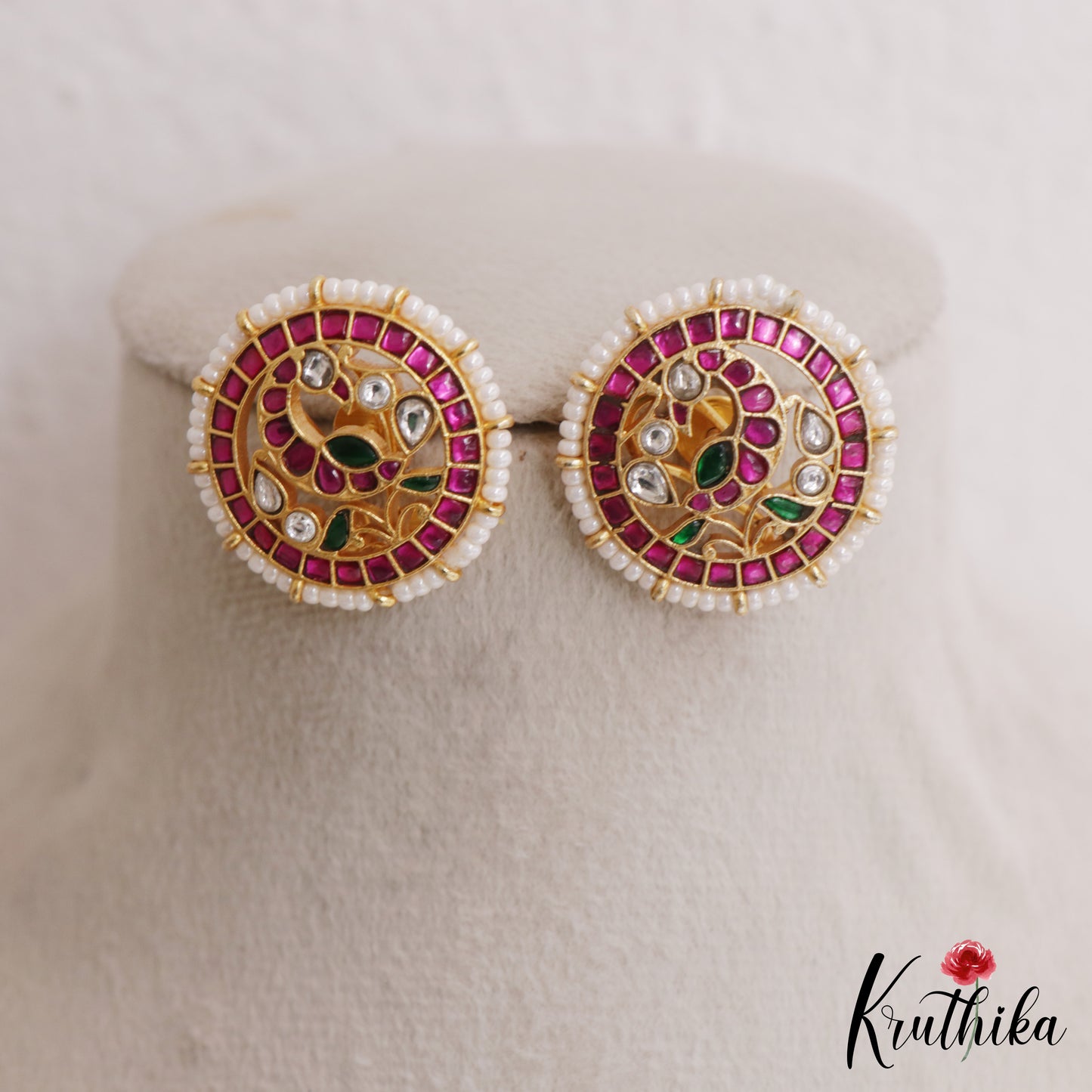 Classic Pearl Border Peacock Motifs Jadau Stud Earrings E1159
