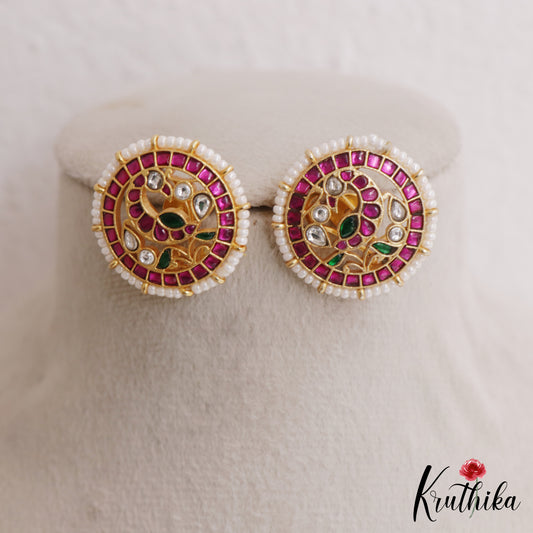 Classic Pearl Border Peacock Motifs Jadau Stud Earrings E1159
