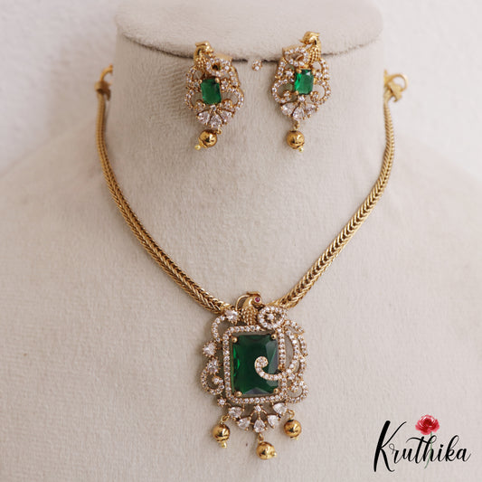 Elegant Peacock Motifs CZ Victorian Pendant Chain Set NC3049 (Available In 2 Colors)