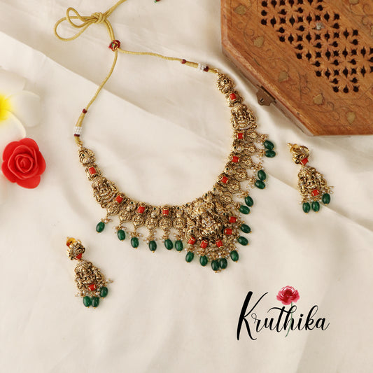 Beautiful Lakshmi Coral Stone Necklace-Green Beads NC1333