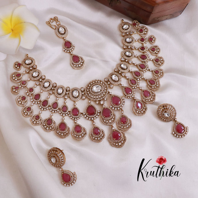 Grand AD/Victorian Necklace NC1821 with Pair of Earrings & Maang Tikka (Available in 6 Colours)