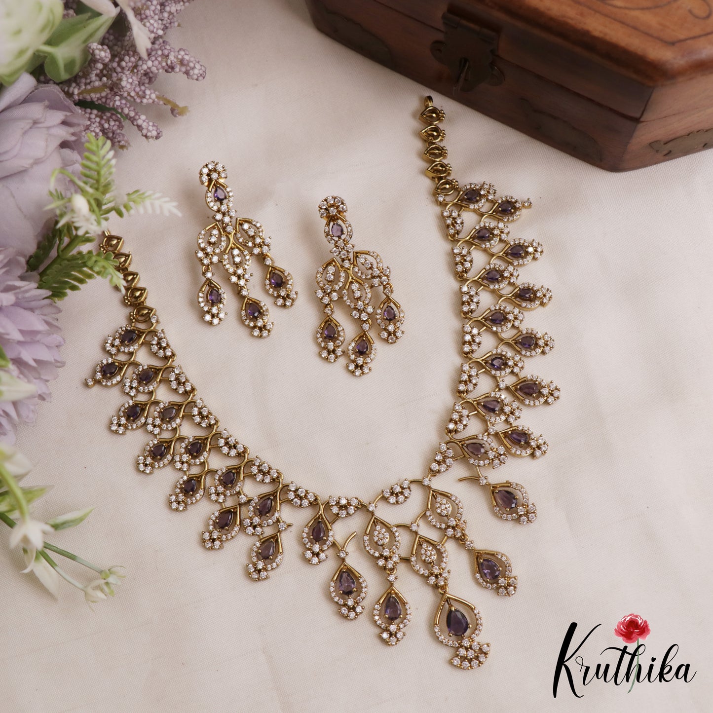 Sparkling Teardrop Motifs CZ Victorian Necklace NC3048 (Available In 3 Colors)