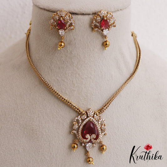 Pretty Floral Teardrop Motifs CZ Victorian Pendant Chain Set NC3047 (Available In 2 Colors)
