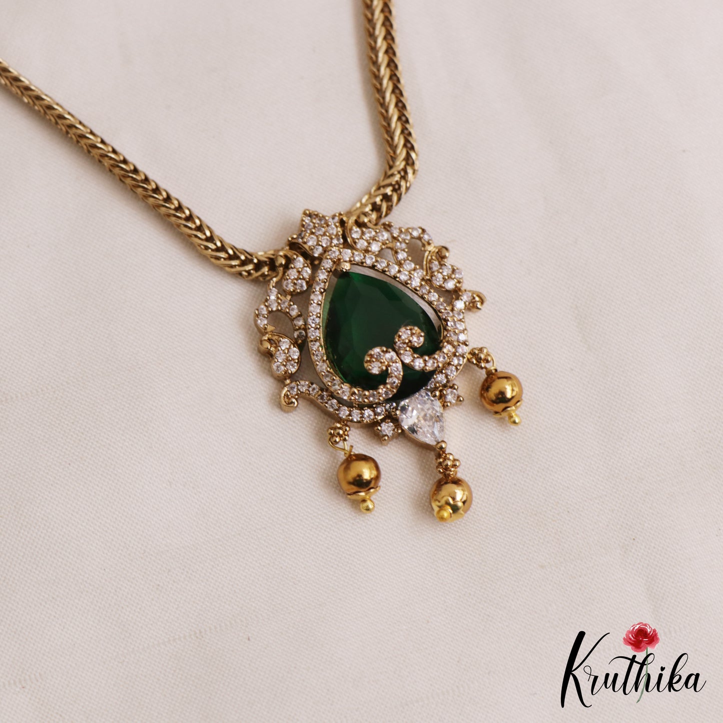 Pretty Floral Teardrop Motifs CZ Victorian Pendant Chain Set NC3047 (Available In 2 Colors)