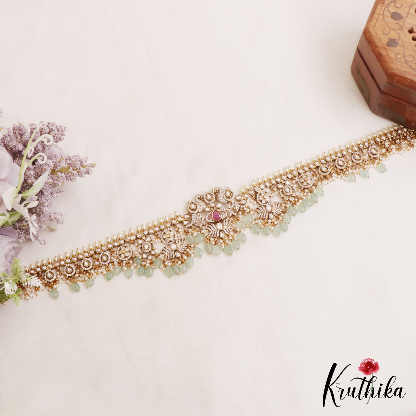 Sparkling Floral Peacock Motifs CZ Hip Belt With Green Bead Drops V375