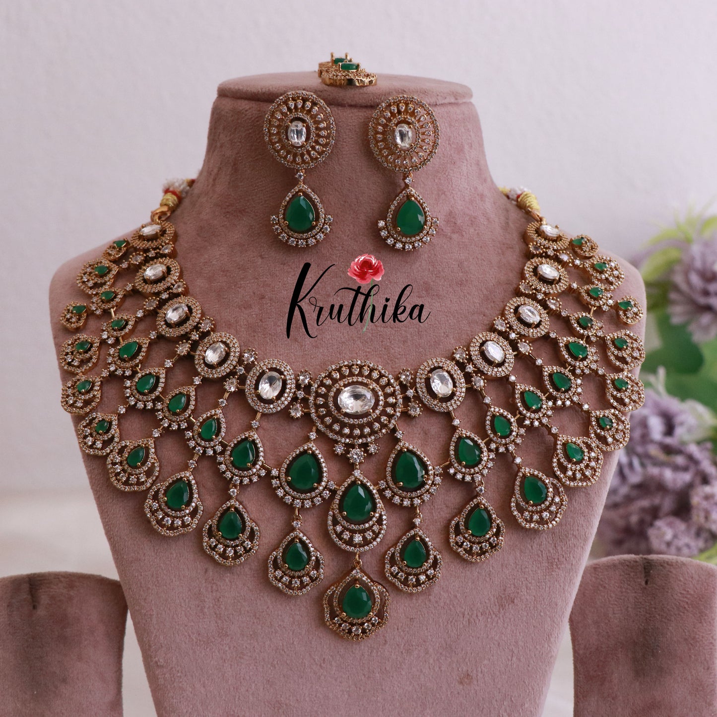 Grand AD/Victorian Necklace NC1821 with Pair of Earrings & Maang Tikka (Available in 6 Colours)