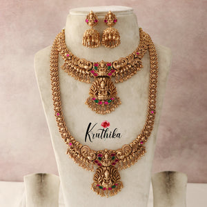 Beautiful Lakshmi Peacock Jadau Necklace-Golden Beads NC1418