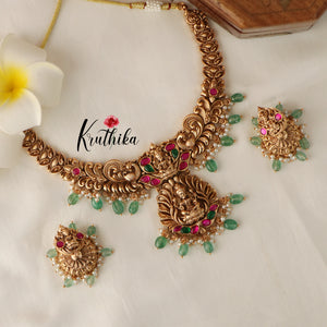 Beautiful Lakshmi Peacock Jadau Necklace-Green Beads NC1418