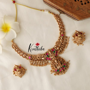 Beautiful Lakshmi Peacock Jadau Necklace-Golden Beads NC1418