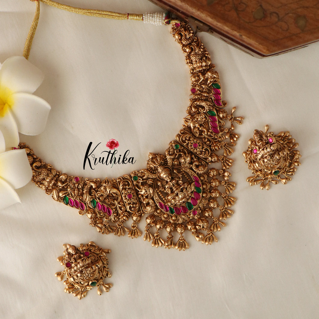 Beautiful Lakshmi Peacock Jadau Necklace-Golden Beads NC1419