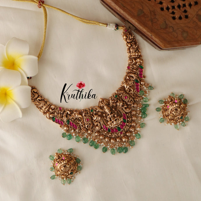 Beautiful Lakshmi Peacock Jadau Necklace-Green Beads NC1419