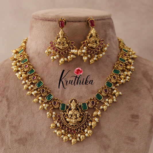 Pretty Lakshmi Necklace-Green Stones NC1420