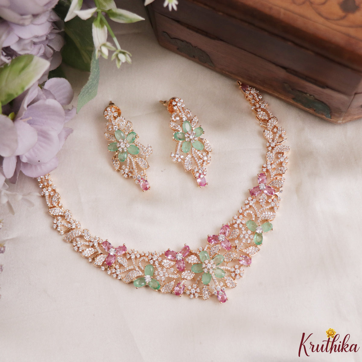 Designer Floral Leaf Motifs CZ Victorian Princess Necklace NC3126 ( Available in 2 Variants)