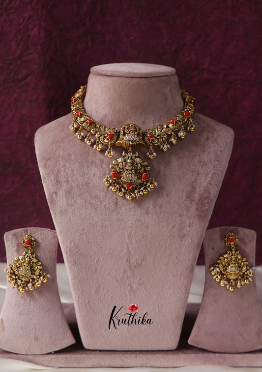Antique Coral Lakshmi Necklace-Golden Beads  NC1181