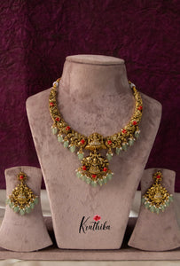 Antique Coral Lakshmi Necklace-Light Green Beads NC1182