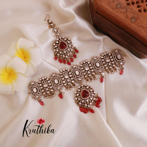 Elegant Premium Victorian Mossanaite Chocker with Earrings & Maang Tikka NC1793 (Available in 3 Colours)