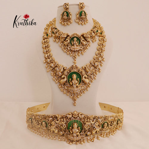 Premium Temple Nakshi Peacock Bridal set BS035 - Golden beads