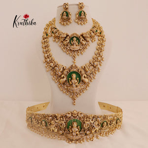 Premium Temple Nakshi Peacock Bridal set BS035 - Golden beads