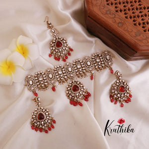 Elegant Premium Victorian Mossanaite Chocker with Earrings & Maang Tikka NC1793 (Available in 3 Colours)