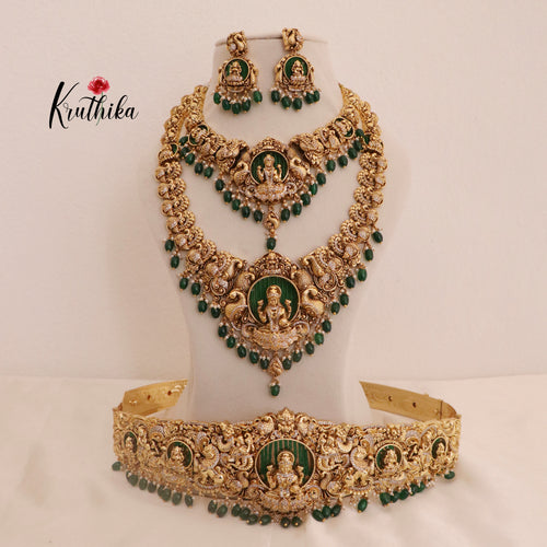 Premium Temple Nakshi Peacock Bridal set BS036 - Green beads