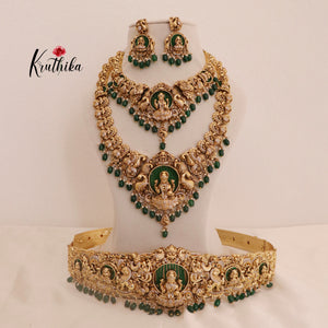 Premium Temple Nakshi Peacock Bridal set BS036 - Green beads