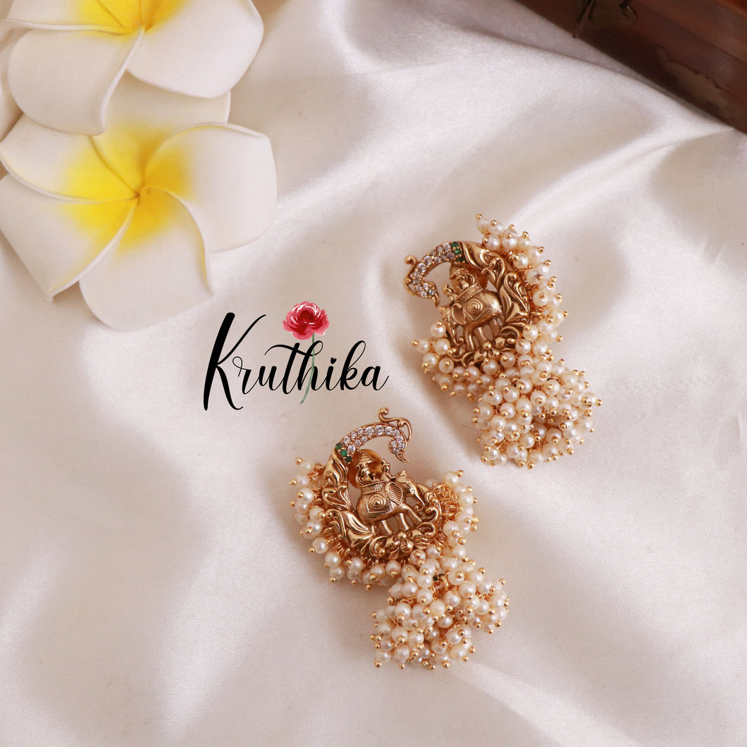 Premium Cluster Pearls Peacock Elephants Design Jhumkas E455