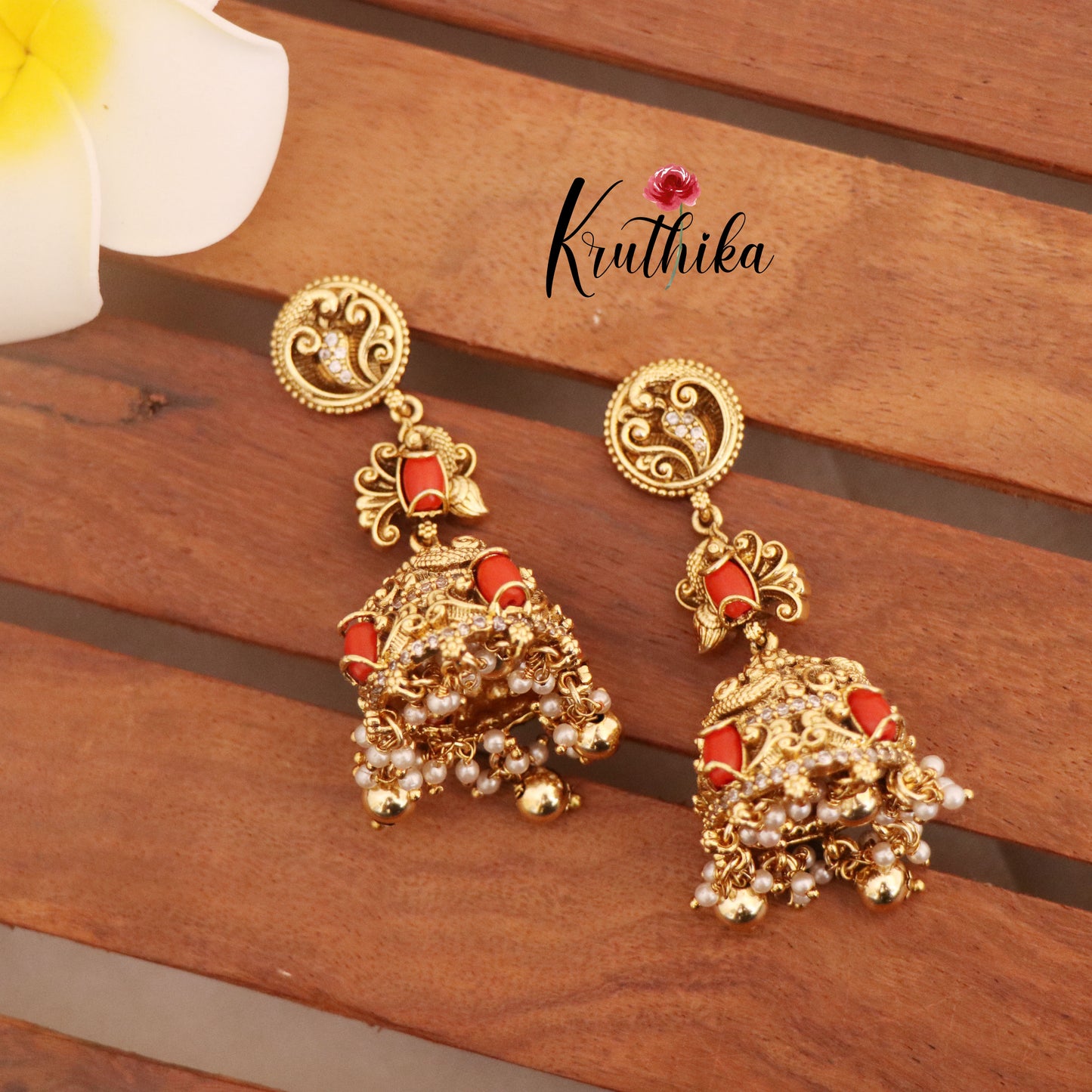 Beautiful Peacock Coral Bead Jhumkas E420 ( Available in 2 Colours)