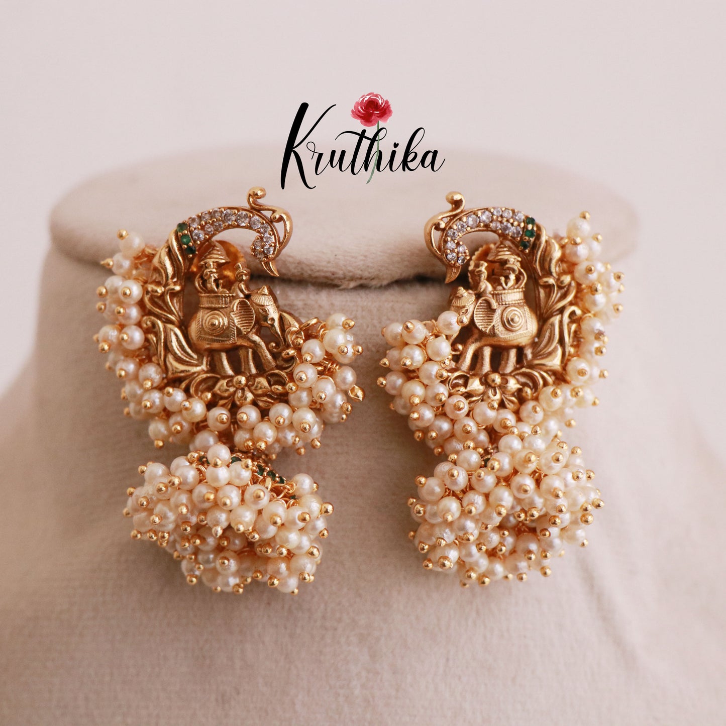 Premium Cluster Pearls Peacock Elephants Design Jhumkas E455