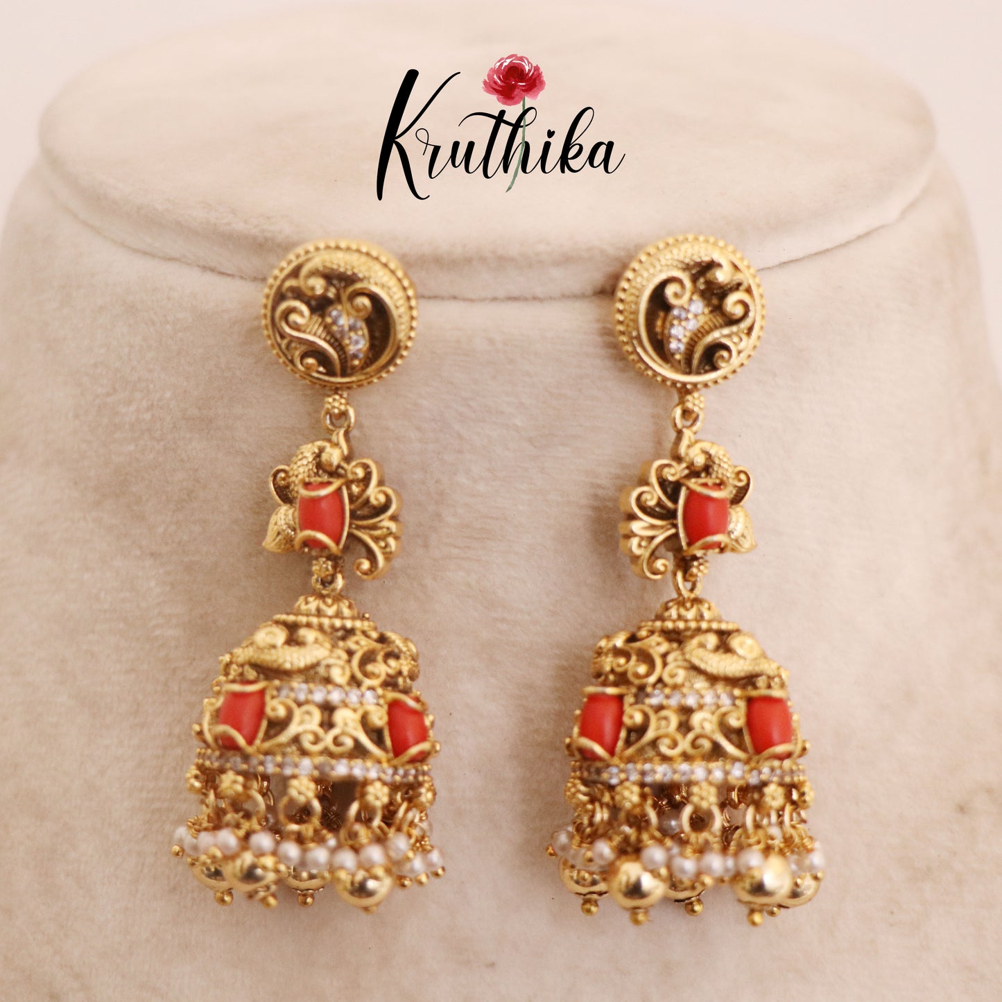 Beautiful Peacock Coral Bead Jhumkas E420 ( Available in 2 Colours)