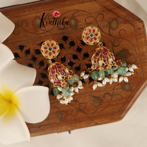 Pretty floral Jadau Jhumka with mint beads E413