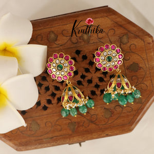 Jadau chakra Jhumkas with mint beads E412