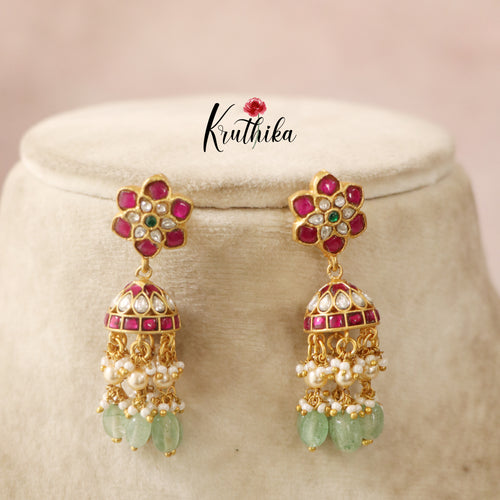 Pretty Jadau Jhumka with mint beads E414