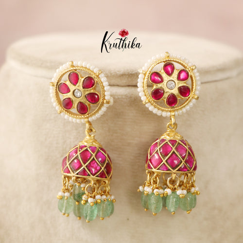 Jadau chakra Jhumkas with mint beads E415