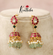 Mango Jadau Jhumka with mint beads E411