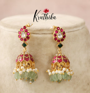 Mango Jadau Jhumka with mint beads E411