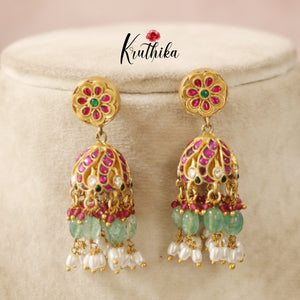 Pretty floral Jadau Jhumka with mint beads E413