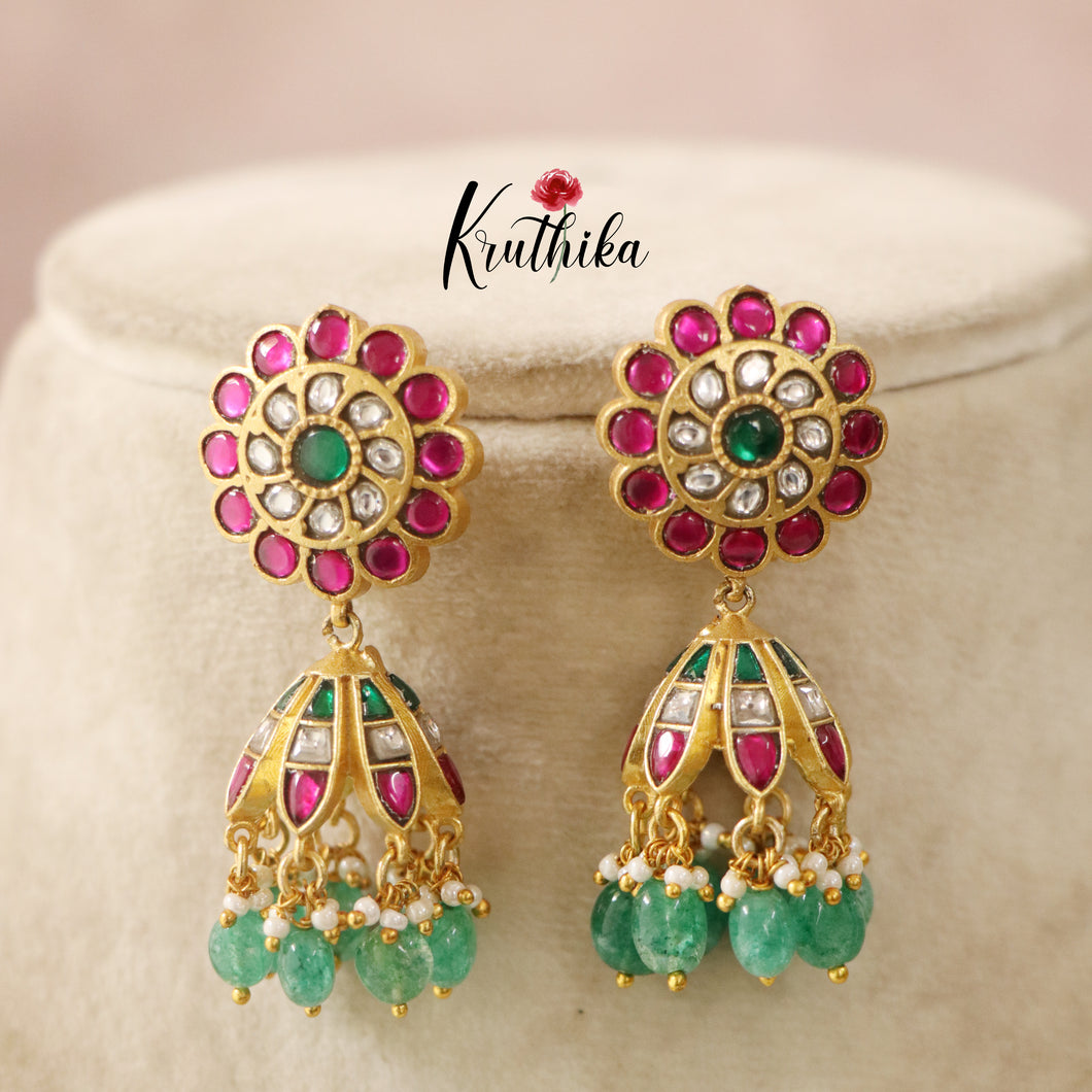 Jadau chakra Jhumkas with mint beads E412