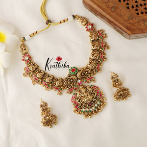 Elegant Premium Polish Lakshmi Peacock Jadau Necklace-Golden Beads NC1427