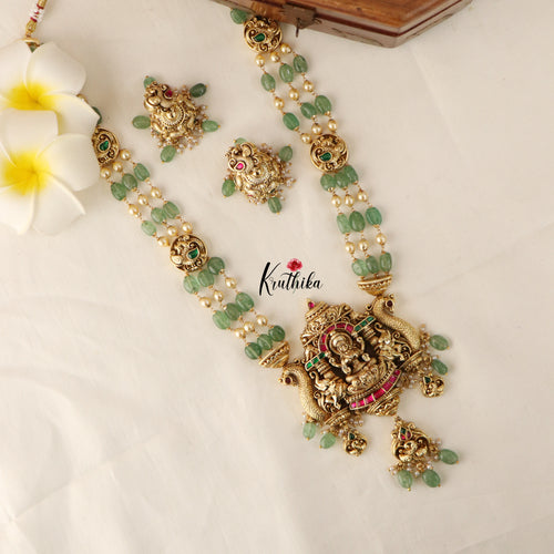 Pretty Emerald pearl beads Lakshmi Jadau Mid length haarm LH631- Pre Booking 15 days