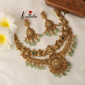 Beautiful Two Layer Lakshmi Peacock Elephants Necklace with Pastel Green Beads NC1685