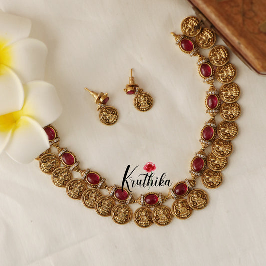 Pretty Lakshmi Coin Kempu Necklace NC1456( Available in 3 colours)