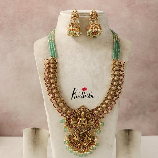 Grand onyx Beads Lakshmi Peacock Kempu Haaram LH750
